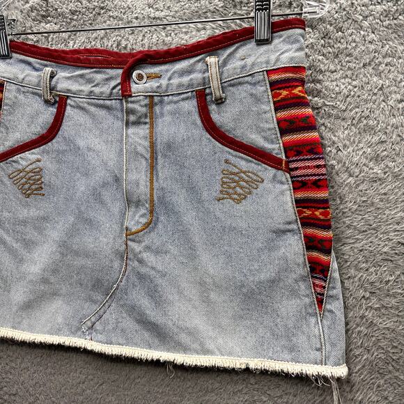 JOUJOU Denim Skirt Women's Small? Embroidered Native American Accents Distressed - Picture 2 of 9